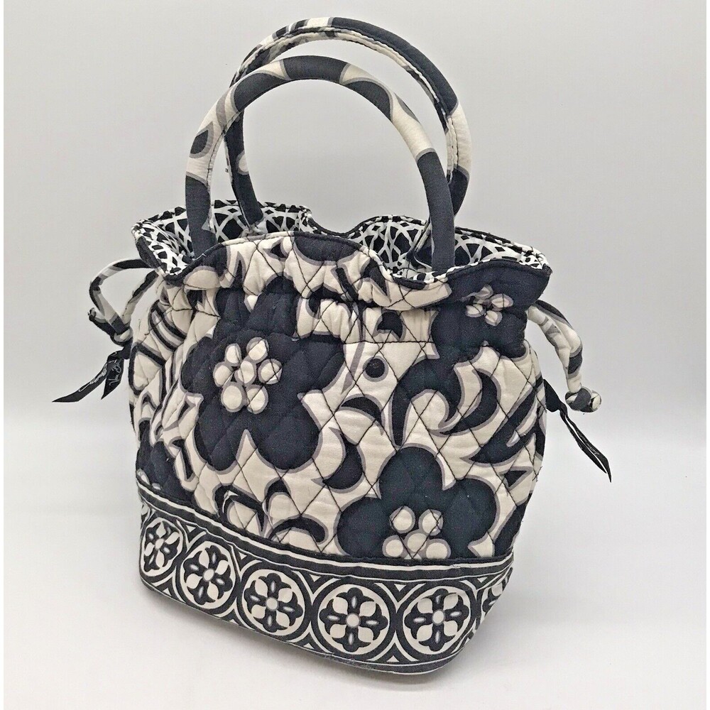 VERA BRADLEY Night & Day Draw String Satchel Black & White Double Handle Purse